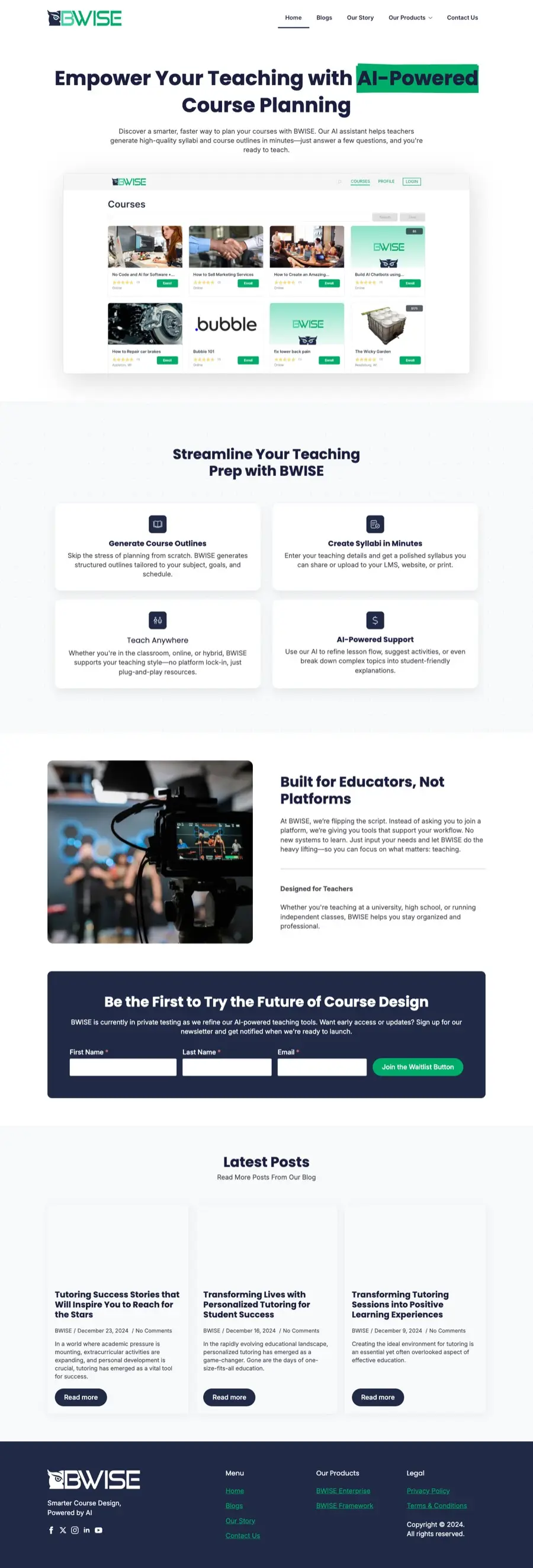 Full-length screenshot of the BWISE homepage