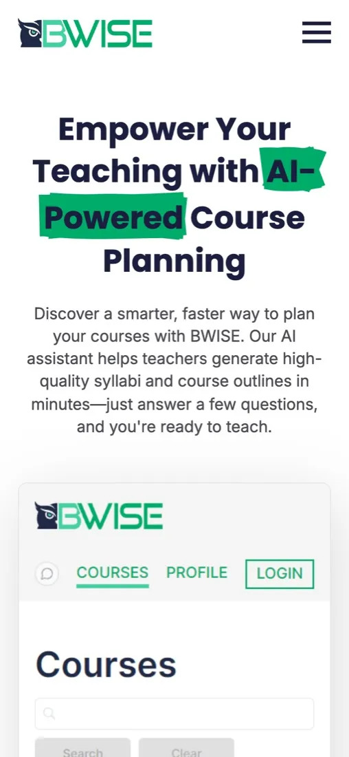 BWISE on mobile — top of homepage