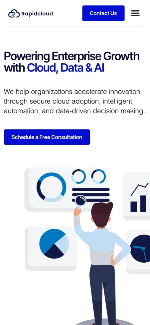 Rapidcloud on mobile — top of homepage