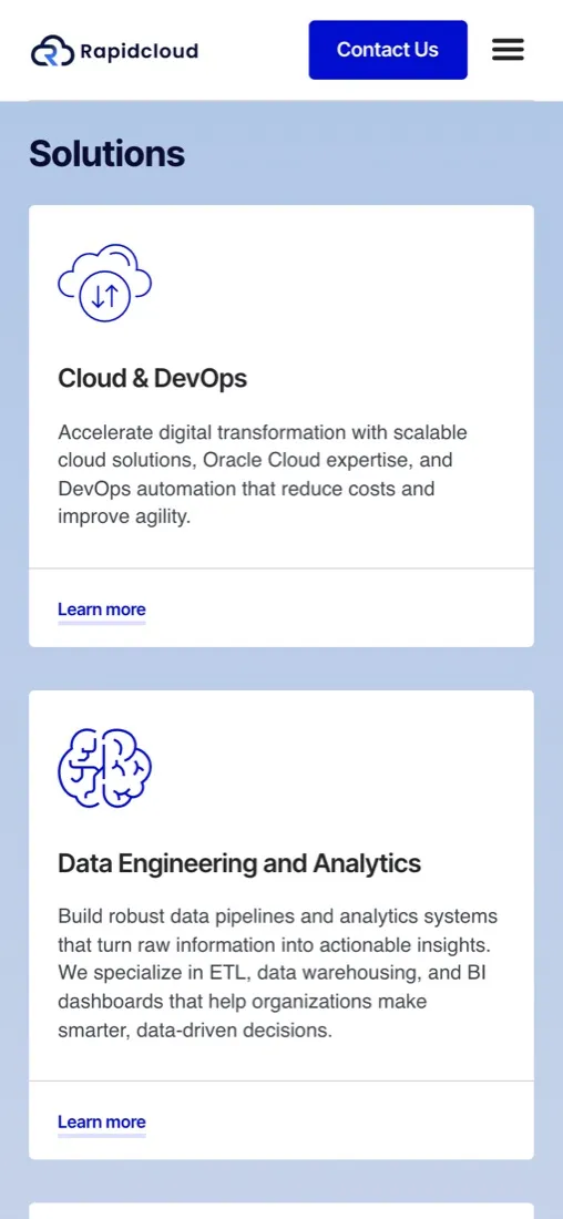 Rapidcloud on mobile — inner section