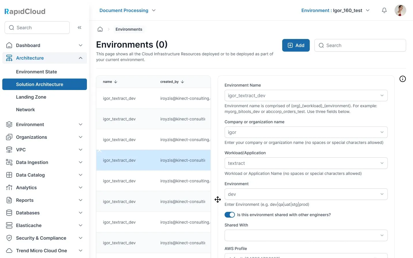 RapidCloud console — Environment setup
