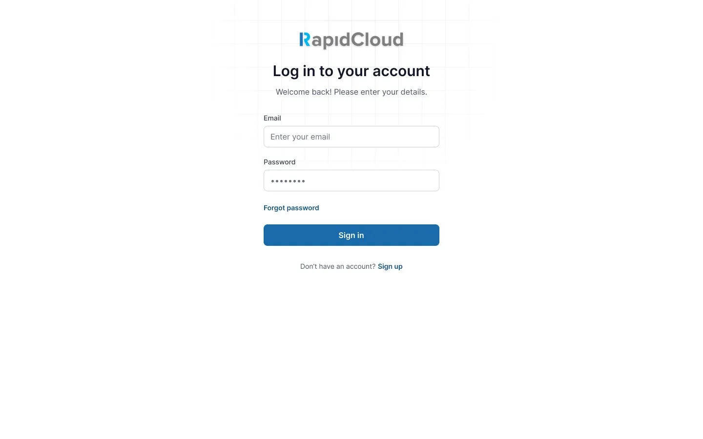 RapidCloud console — Sign in